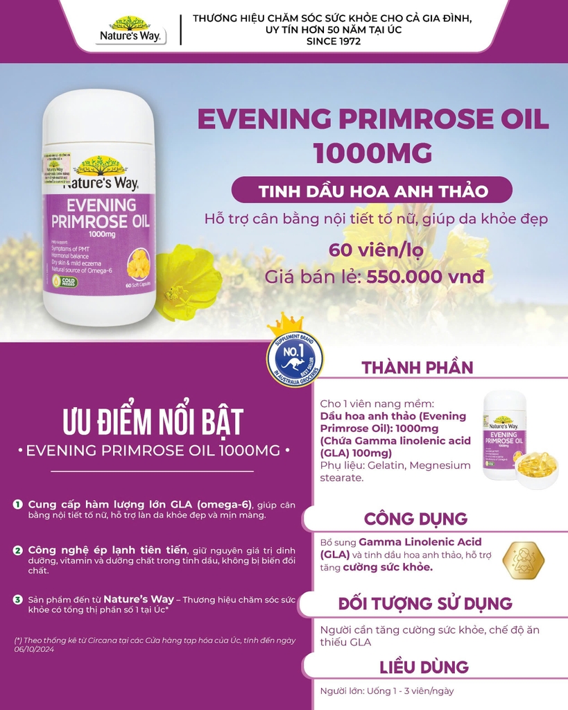 Tinh dầu hoa Anh Thảo Nature's Way evening primrose oil hỗ trợ cân bằng nội tiết tố nữ