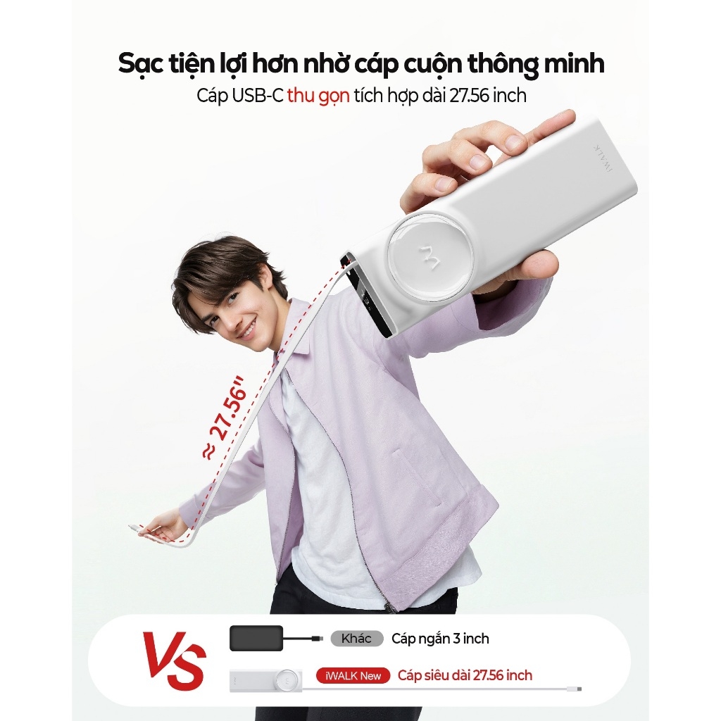 Sạc dự phòng iWALK LinkPod Reel 20000mAh – Sạc nhanh 65W – Cáp USB-C rút gọn – Sạc laptop