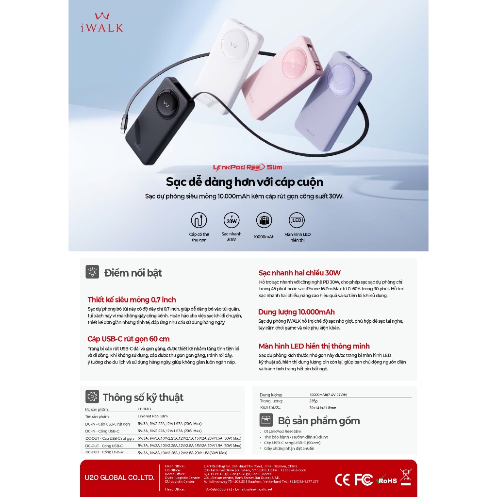 Sạc dự phòng iWALK LinkPod Reel Slim 10000mAh – Siêu mỏng 0.7 inch – Sạc nhanh 30W – Cáp USB-C rút gọn
