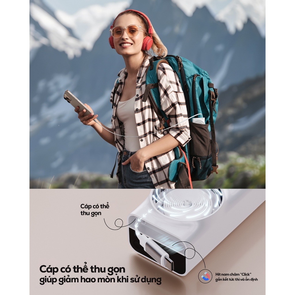 Sạc dự phòng iWALK LinkPod Reel 20000mAh – Sạc nhanh 65W – Cáp USB-C rút gọn – Sạc laptop