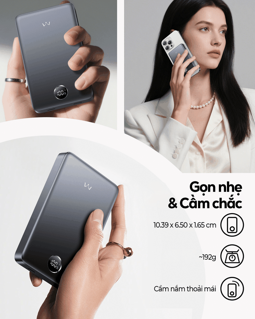 Sạc dự phòng iWALK PowerSlim 10000 10000mAh – Sạc không dây QI 2.0 – Từ tính MagSafe – Sạc nhanh 30W – LCD