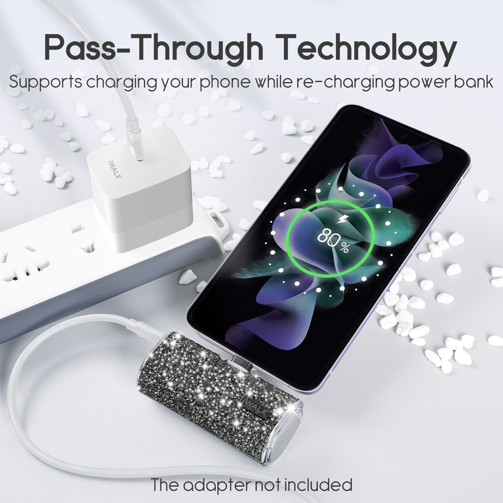 Sạc Dự Phòng Lấp Lánh iWALK – 4500mAh, 2 Cổng Lightning & USB-C, Đính Đá Sang Trọng, Nhỏ Gọn Như Thỏi Son