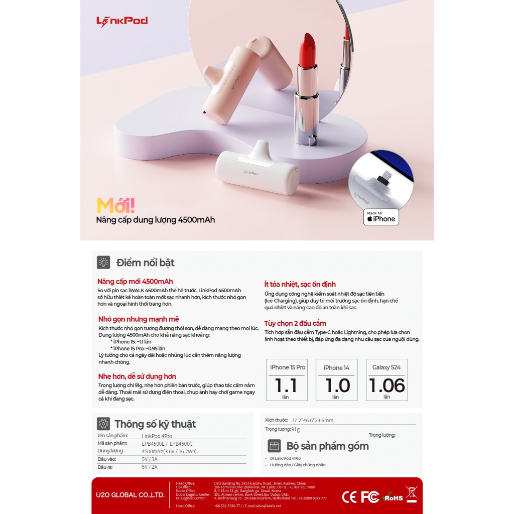 Sạc dự phòng iWALK LinkPod 4Pro 4500mAh Nhỏ Gọn Như Thỏi Son Sạc Nhanh – USB-C & Ligntning - Mini gắn trực tiếp