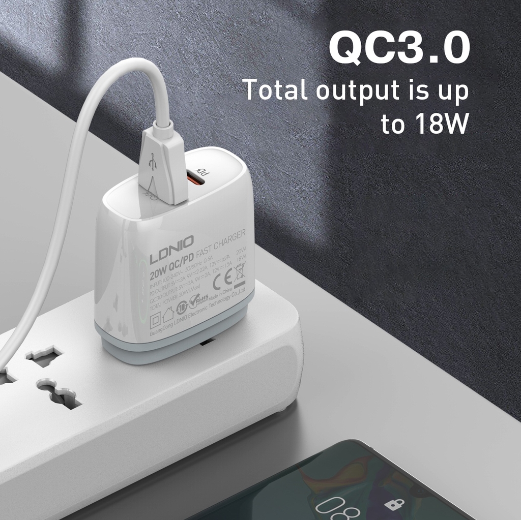 Củ Sạc Nhanh Q229 20W – 2 Cổng USB (PD + QC3.0), Kèm Dây USB-A to Type-C, Chân Cắm EU/US/UK
