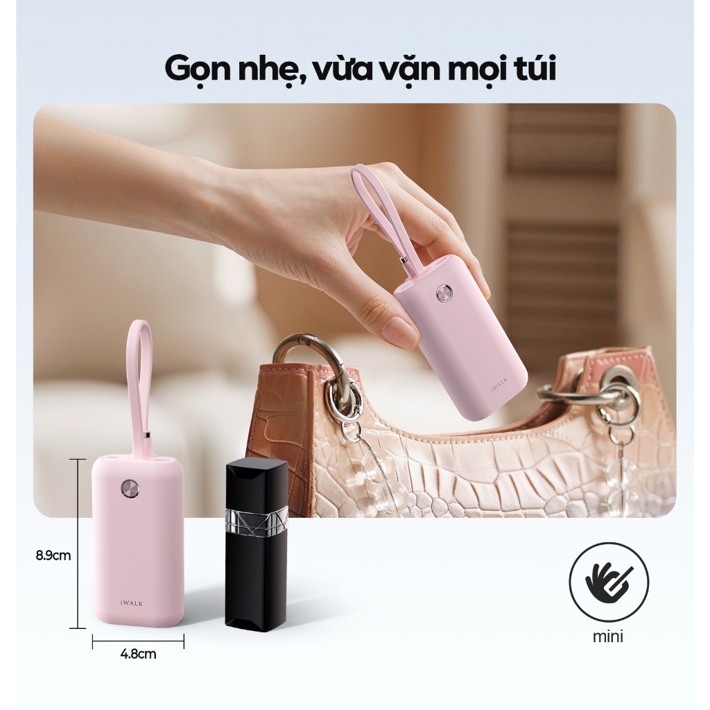 Pin sạc dự phòng iWALK PowerMini 10000mAh – Cáp USB-C tích hợp – Sạc nhanh 22.5W – Mini bỏ túi – LED hiển thị