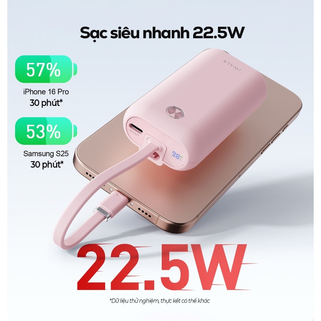 Pin sạc dự phòng iWALK PowerMini 10000mAh – Cáp USB-C tích hợp – Sạc nhanh 22.5W – Mini bỏ túi – LED hiển thị