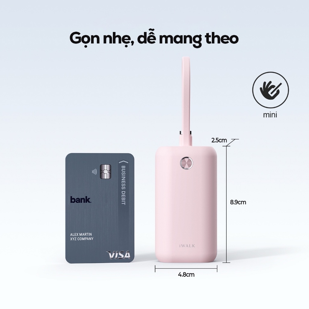 Pin sạc dự phòng iWALK PowerMini 10000mAh – Cáp USB-C tích hợp – Sạc nhanh 22.5W – Mini bỏ túi – LED hiển thị
