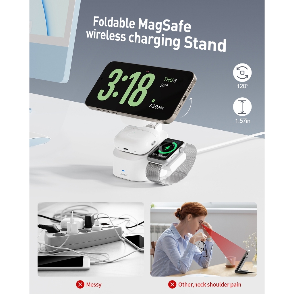 Đế sạc không dây iWALK StandMe Power 3-in-1 – Sạc iPhone Apple Watch AirPods – Gập gọn – Sạc nhanh 15W