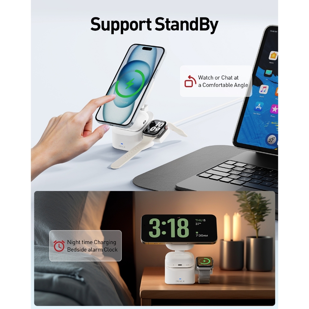 Đế sạc không dây iWALK StandMe Power 3-in-1 – Sạc iPhone Apple Watch AirPods – Gập gọn – Sạc nhanh 15W