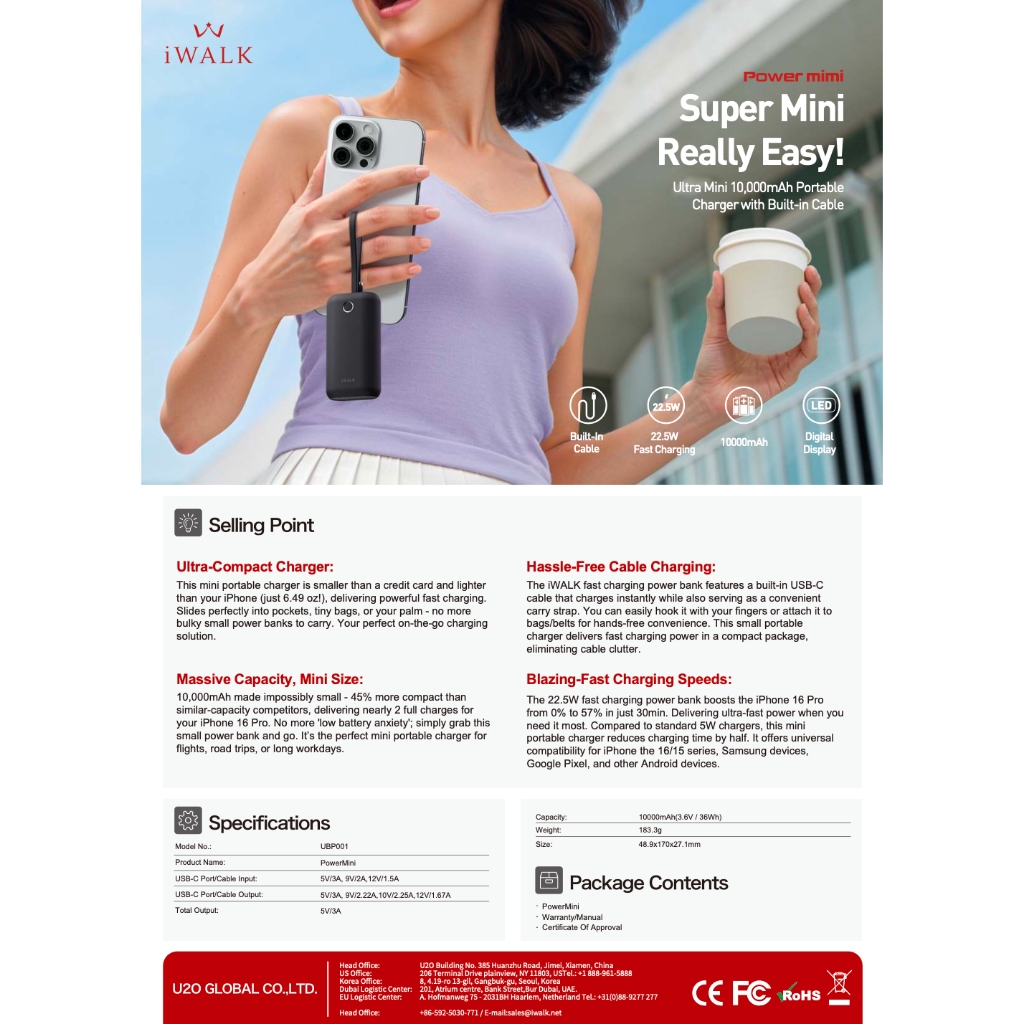 Pin sạc dự phòng iWALK PowerMini 10000mAh – Cáp USB-C tích hợp – Sạc nhanh 22.5W – Mini bỏ túi – LED hiển thị