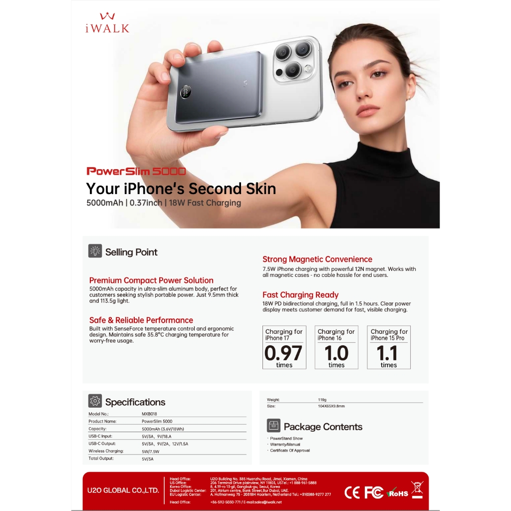 Sạc dự phòng iWALK PowerSlim 5000mAh – Sạc không dây từ tính – Siêu mỏng 0.37 inch – Sạc nhanh 18W