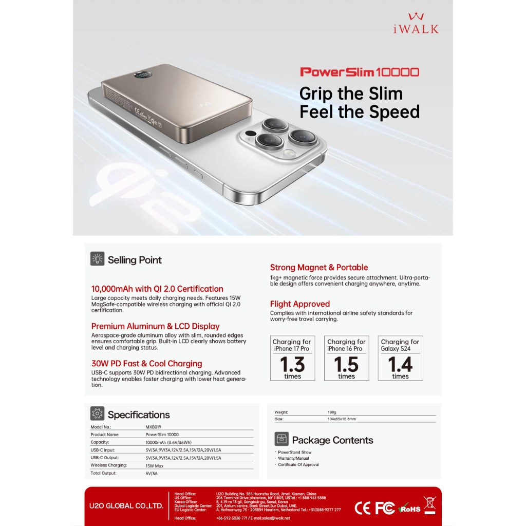 Sạc dự phòng iWALK PowerSlim 10000 10000mAh – Sạc không dây QI 2.0 – Từ tính MagSafe – Sạc nhanh 30W – LCD