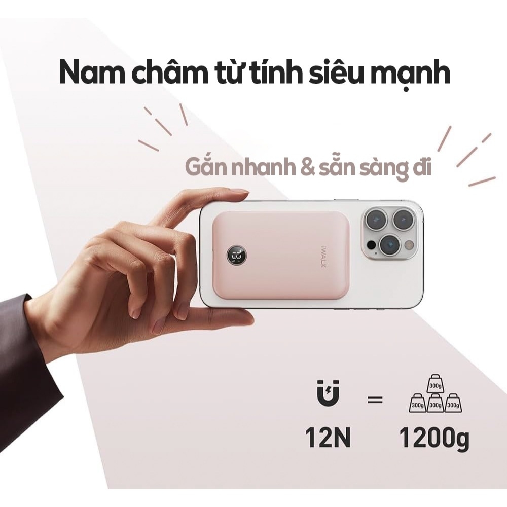 Sạc dự phòng iWALK PowerGrip Slim 5000mAh – Sạc không dây từ tính 15W – Siêu mỏng – LED hiển thị