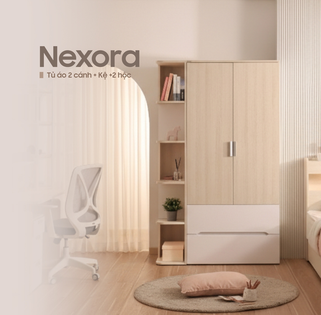 TỦ ÁO 2 CÁNH NEXORA+ KỆ + 2 HỘC