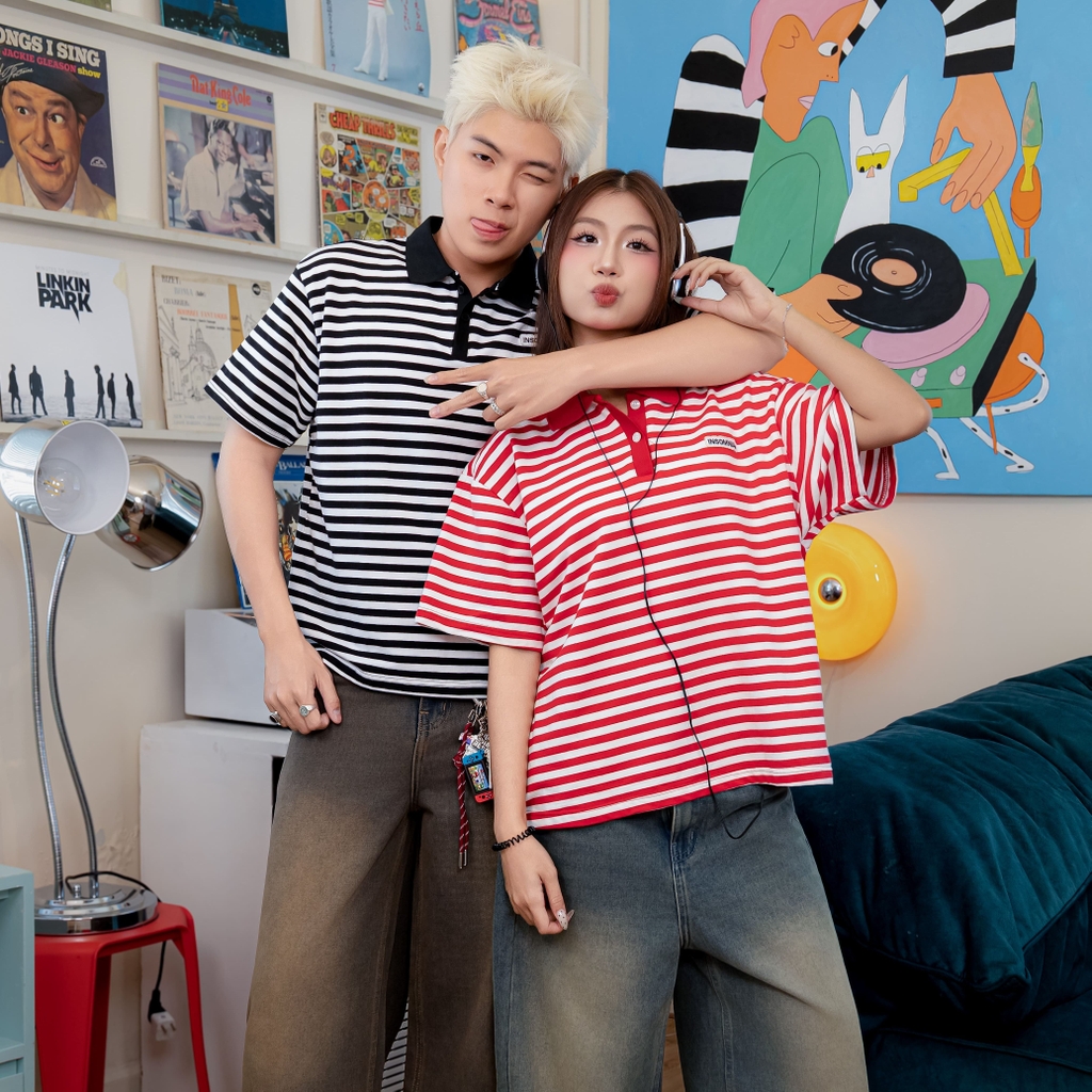Áo Polo Boxy Stripes INSOMNIA Cotton Đính Tag Da - TS055