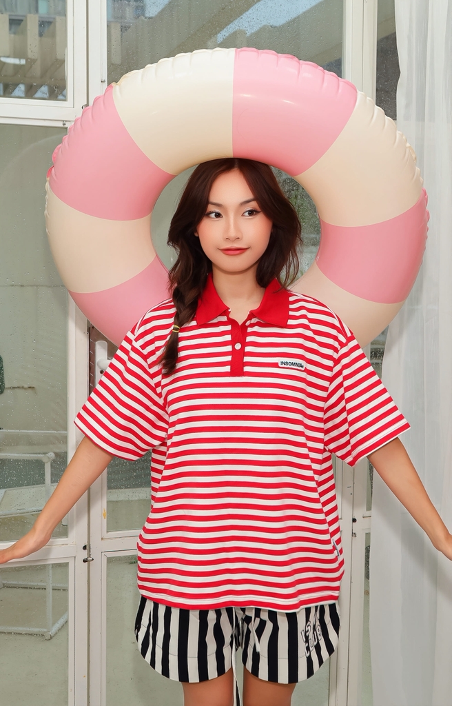 Áo Polo Boxy Stripes INSOMNIA Cotton Đính Tag Da - TS055