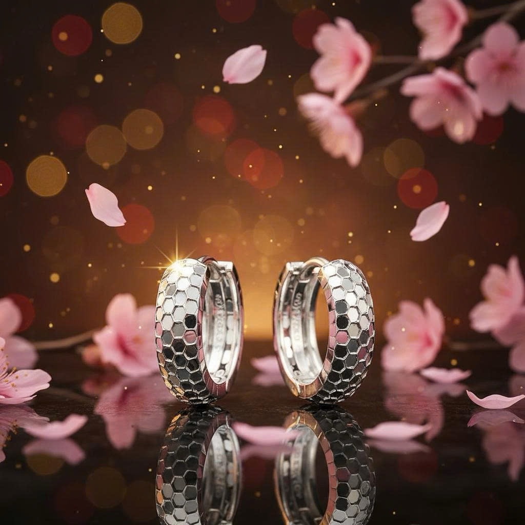 Khuyên tai bạc 925 Luna Jewelry dạng khoen chạm khắc tổ ong unisex