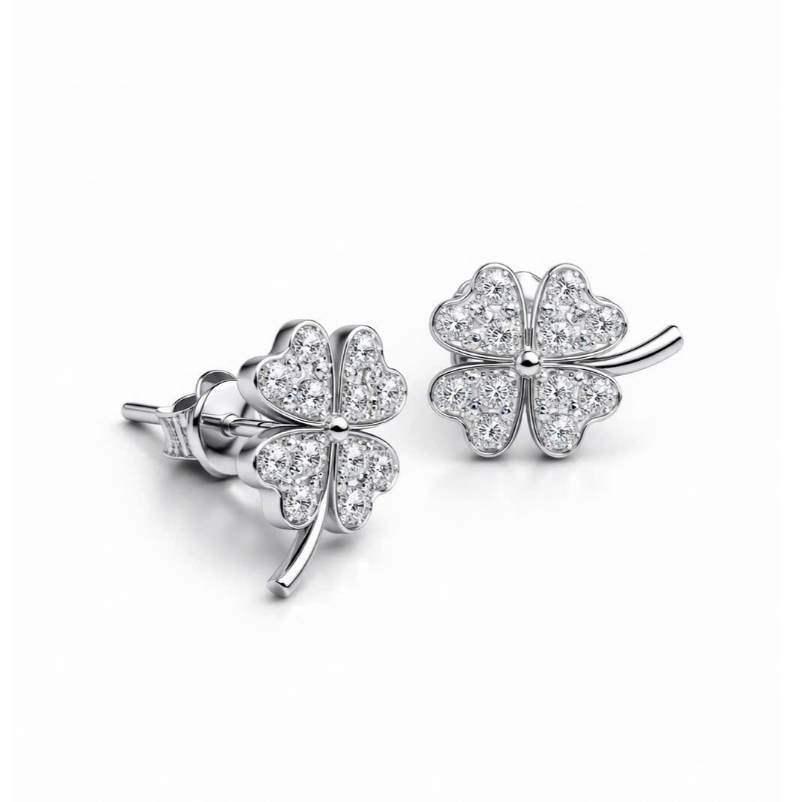 Khuyên tai bạc 925 Luna Jewelry dạng chuôi hình cỏ 4 lá nạm đá