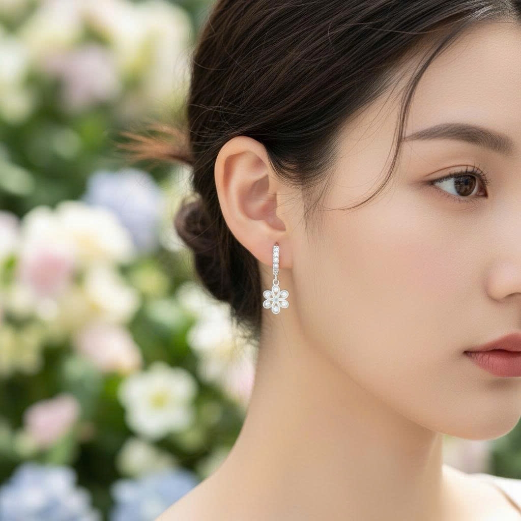Khuyên tai bạc 925 Luna Jewelry dạng khoen bông hoa đính đá