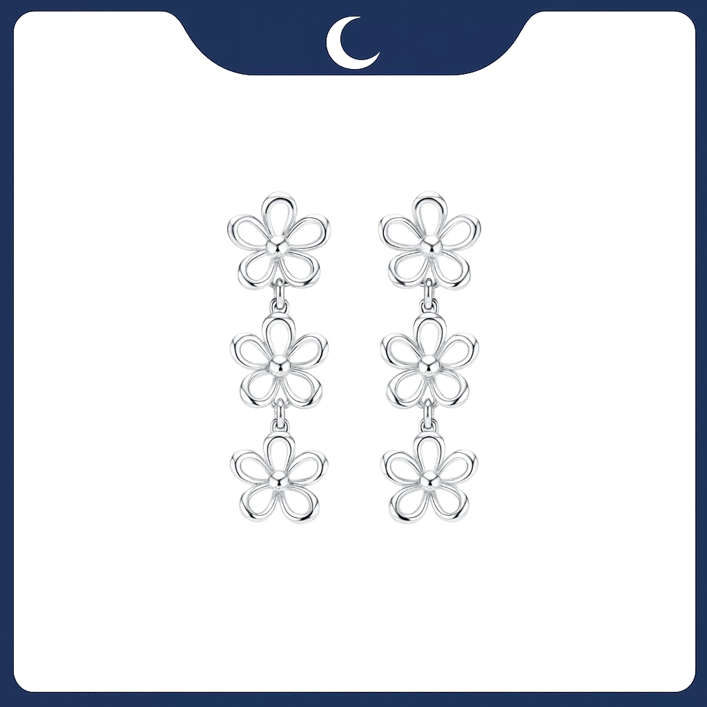 Khuyên tai bạc 925 Luna Jewelry dạng chuôi 3 bông hoa