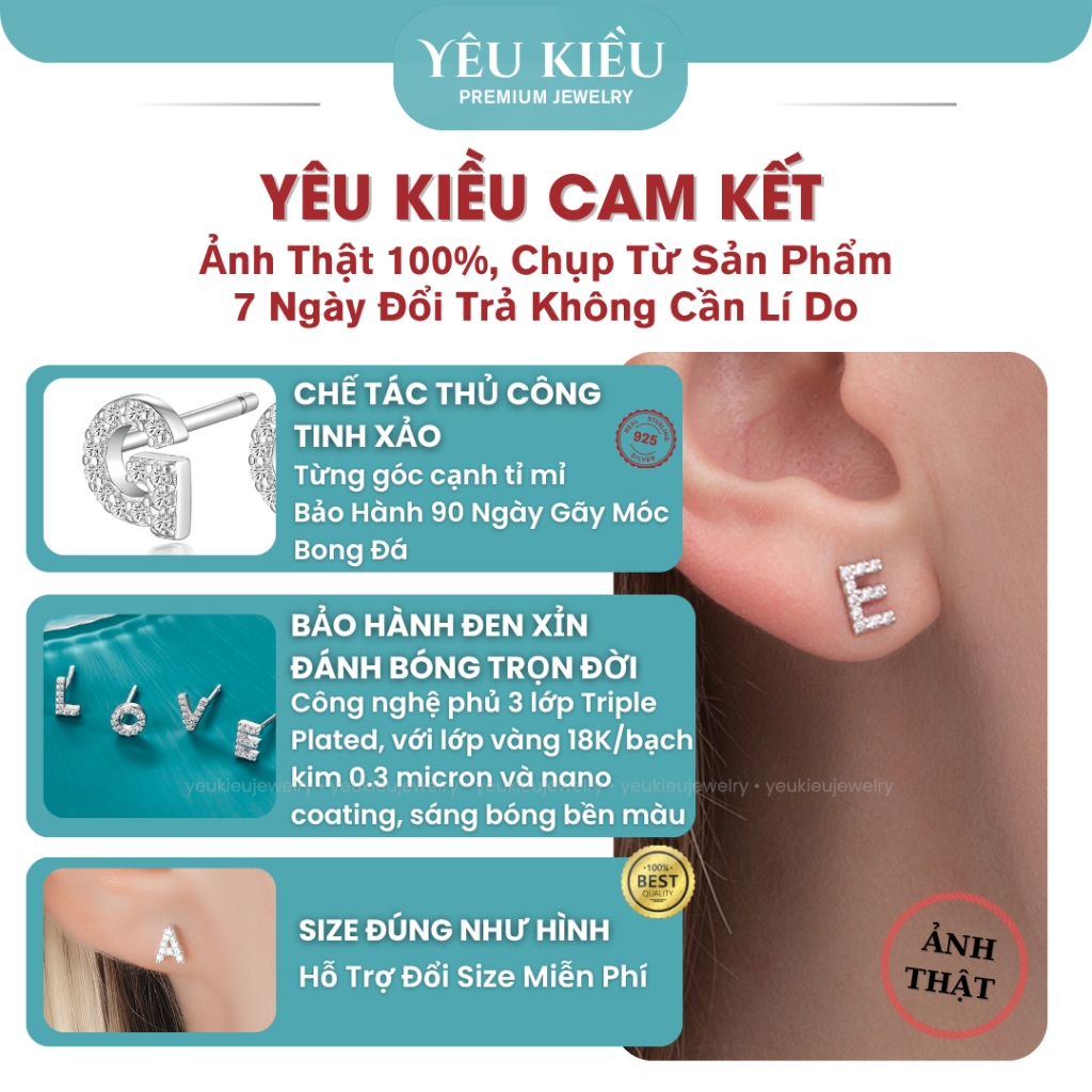 Initial Stud Earrings | Khuyên Tai Sterling Silver 925 Phủ Bạch Kim/Vàng 18K