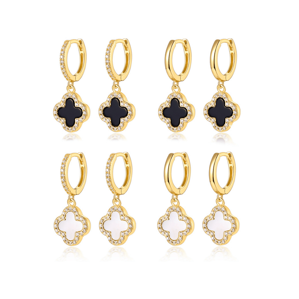 Lucky Clover Drop Hoops Earrings | Khuyên Tai Sterling Silver 925 Phủ Bạch Kim/Vàng 18K