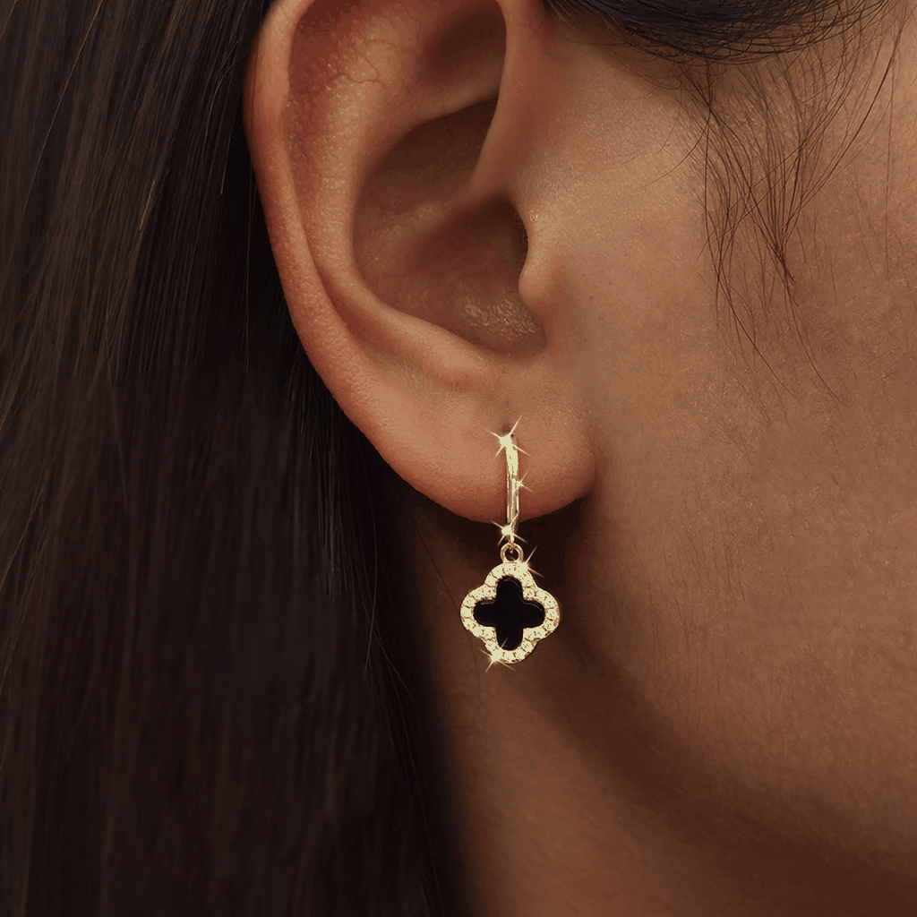 Lucky Clover Drop Hoops Earrings | Khuyên Tai Sterling Silver 925 Phủ Bạch Kim/Vàng 18K