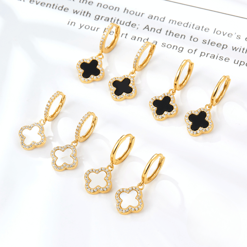 Lucky Clover Drop Hoops Earrings | Khuyên Tai Sterling Silver 925 Phủ Bạch Kim/Vàng 18K