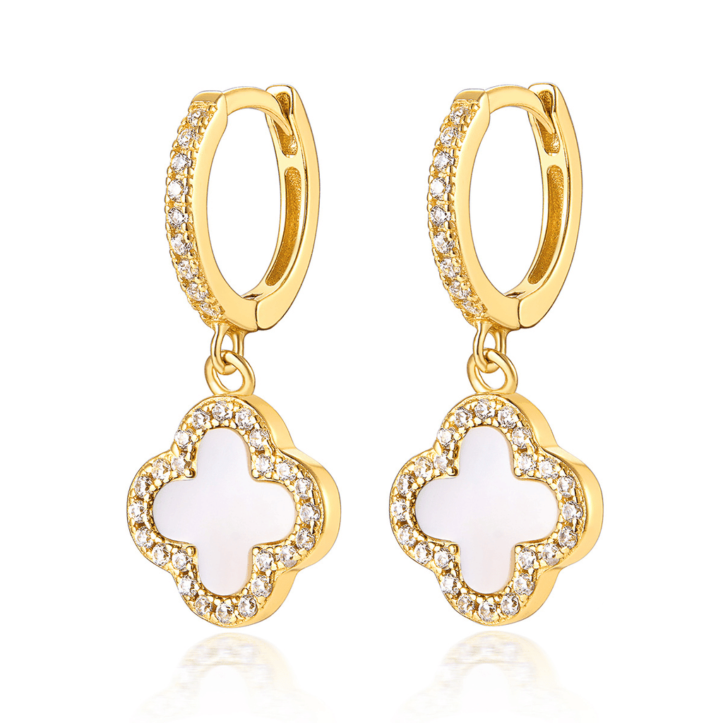 Lucky Clover Drop Hoops Earrings | Khuyên Tai Sterling Silver 925 Phủ Bạch Kim/Vàng 18K