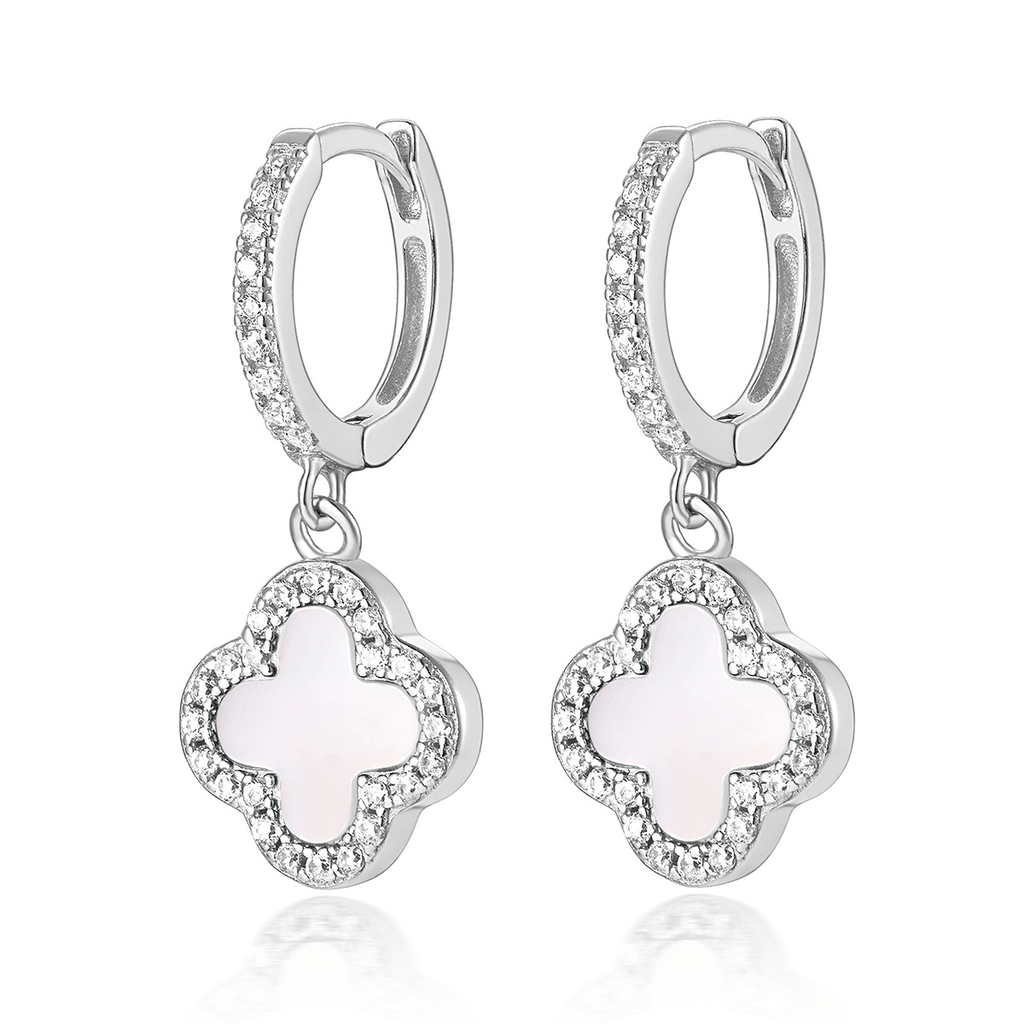 Lucky Clover Drop Hoops Earrings | Khuyên Tai Sterling Silver 925 Phủ Bạch Kim/Vàng 18K
