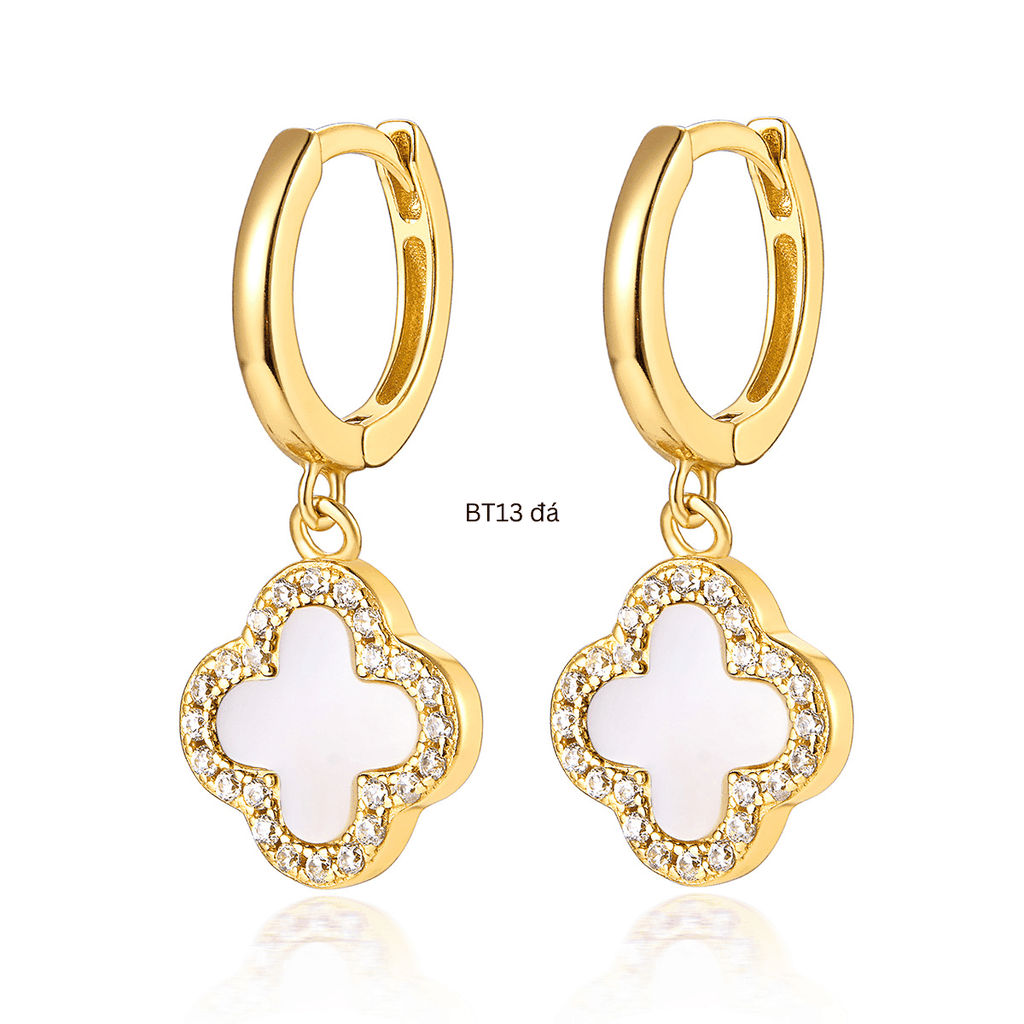 Lucky Clover Drop Hoops Earrings | Khuyên Tai Sterling Silver 925 Phủ Bạch Kim/Vàng 18K