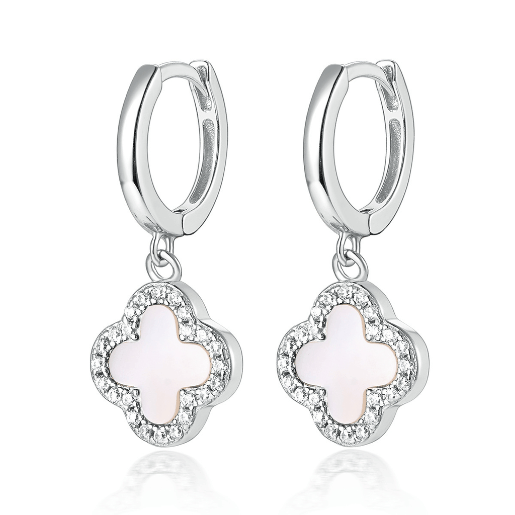 Lucky Clover Drop Hoops Earrings | Khuyên Tai Sterling Silver 925 Phủ Bạch Kim/Vàng 18K