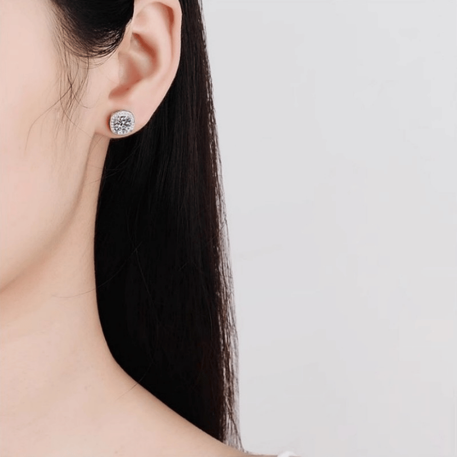 Square Halo Stud Earrings | Khuyên Tai Moissanite 2 Carat Round Cut | Sterling Silver 925 | Kèm Giấy Kiểm Định GRA