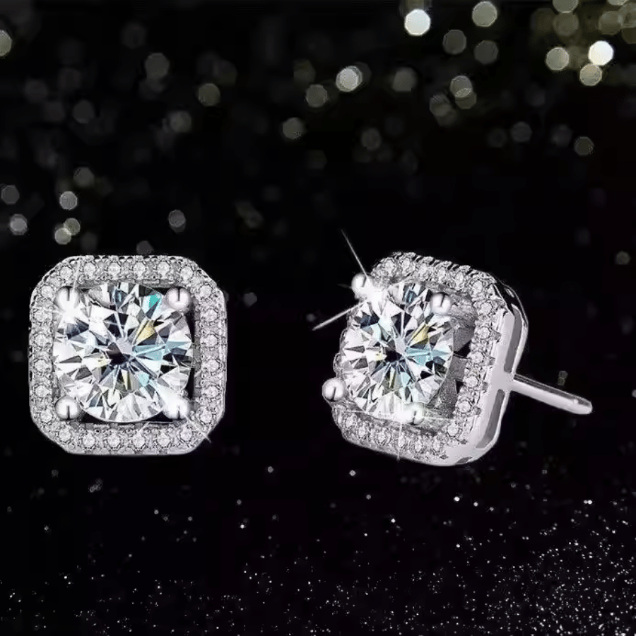 Square Halo Stud Earrings | Khuyên Tai Moissanite 2 Carat Round Cut | Sterling Silver 925 | Kèm Giấy Kiểm Định GRA