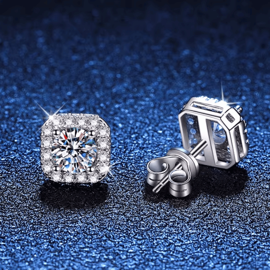 Square Halo Stud Earrings | Khuyên Tai Moissanite 2 Carat Round Cut | Sterling Silver 925 | Kèm Giấy Kiểm Định GRA