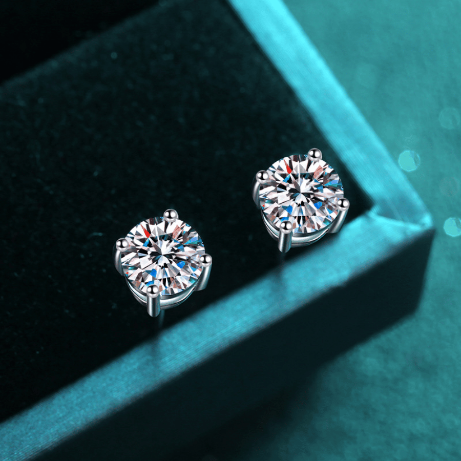 Classic Solitaire Stud Earrings | Khuyên Tai Moissanite 2 Carat Round Cut | Sterling Silver 925 | Kèm Giấy Kiểm Định GRA