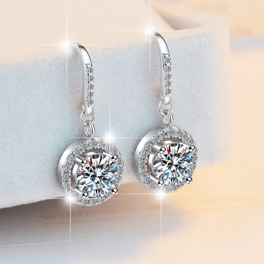Floral Halo Drop Earrings | Khuyên Tai Moissanite 2 Carat Round Cut | Sterling Silver 925 | Kèm Giấy Kiểm Định GRA
