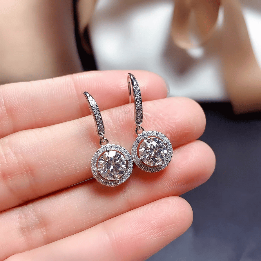 Floral Halo Drop Earrings | Khuyên Tai Moissanite 2 Carat Round Cut | Sterling Silver 925 | Kèm Giấy Kiểm Định GRA