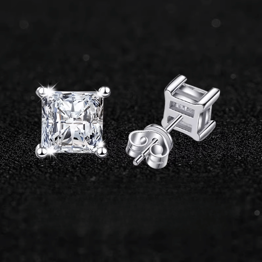 Princess Solitaire Stud Earrings | Khuyên Tai Moissanite 2 Carat Princess Cut | Sterling Silver 925 | Kèm Giấy Kiểm Định GRA