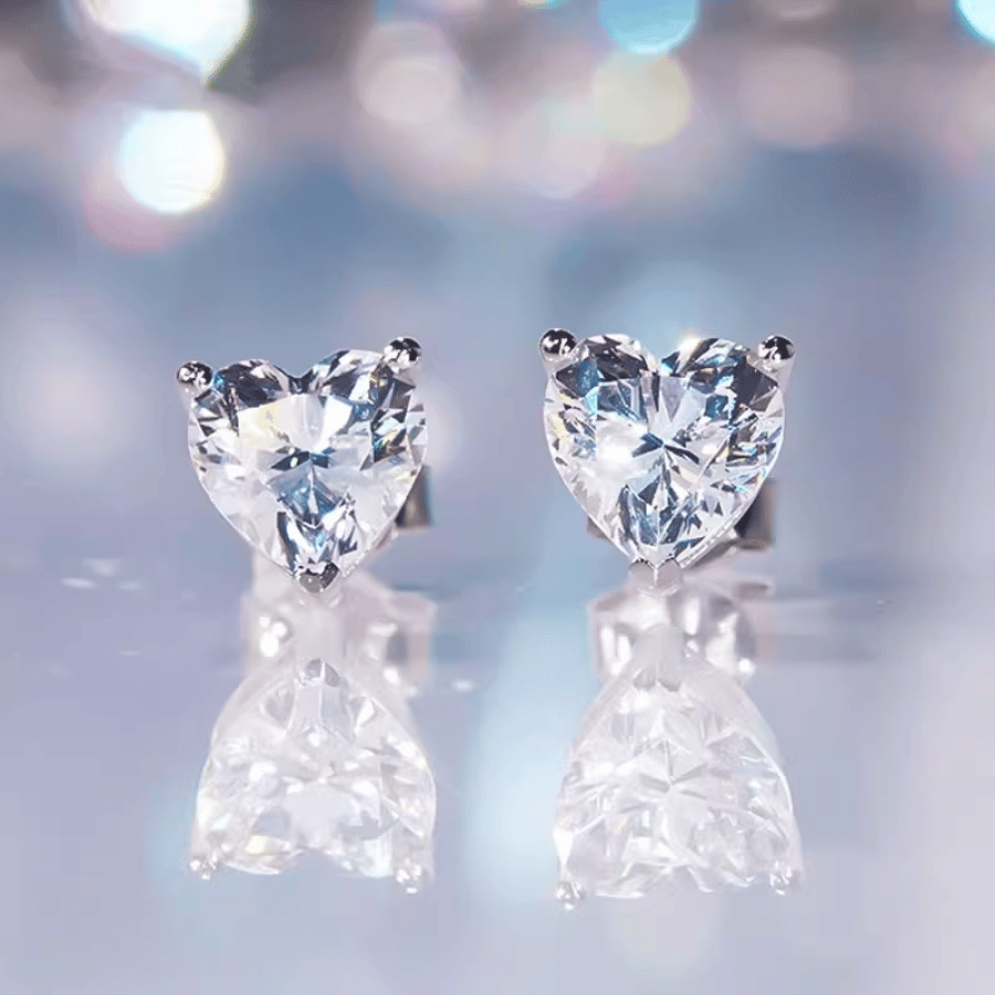 Sweetheart Solitaire Stud Earrings | Khuyên Tai Moissanite 2 Carat Heart Cut | Sterling Silver 925 | Kèm Giấy Kiểm Định GRA