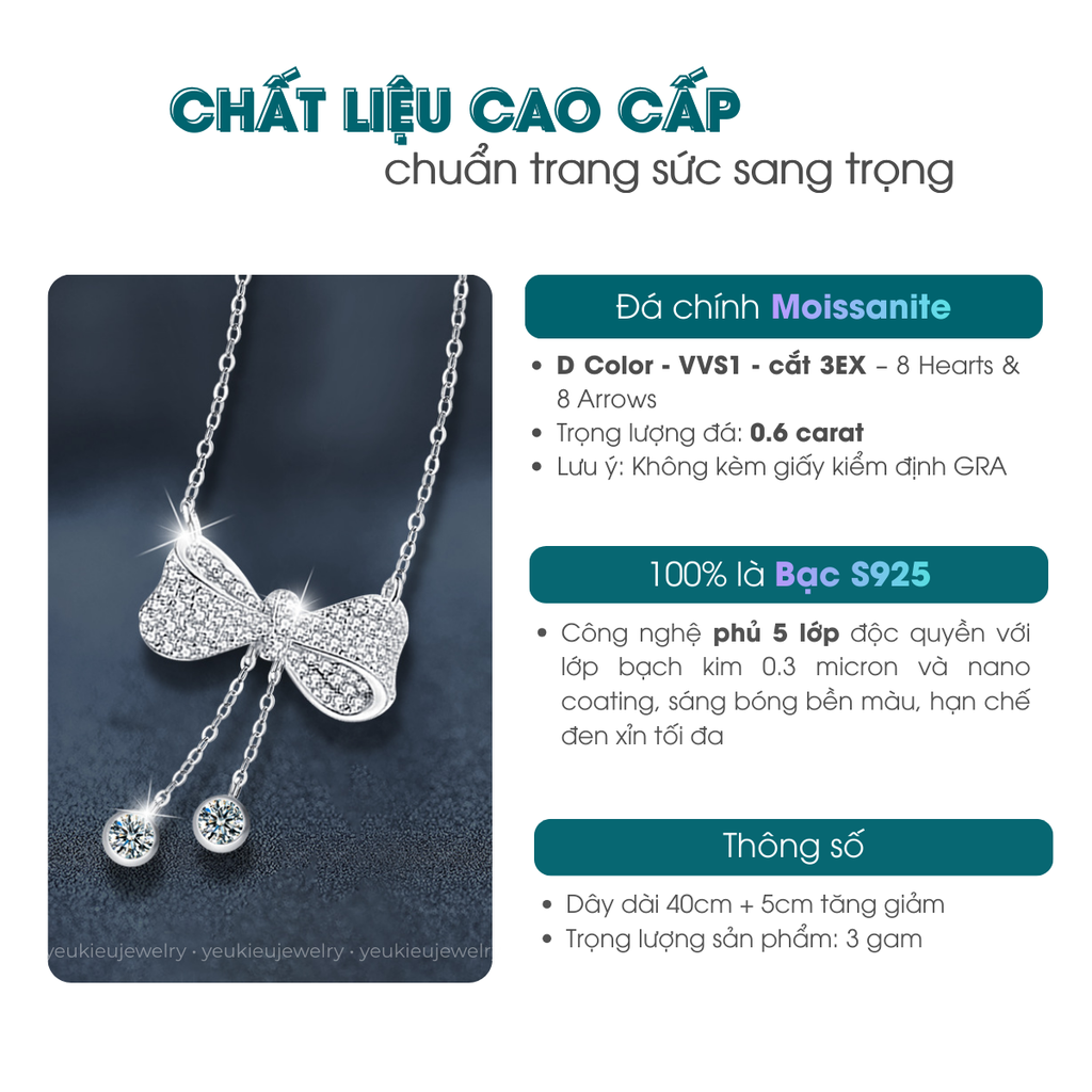Sparkling Bow Necklace | Dây Chuyền Moissanite 0.6 Carat Round Cut | Sterling Silver 925