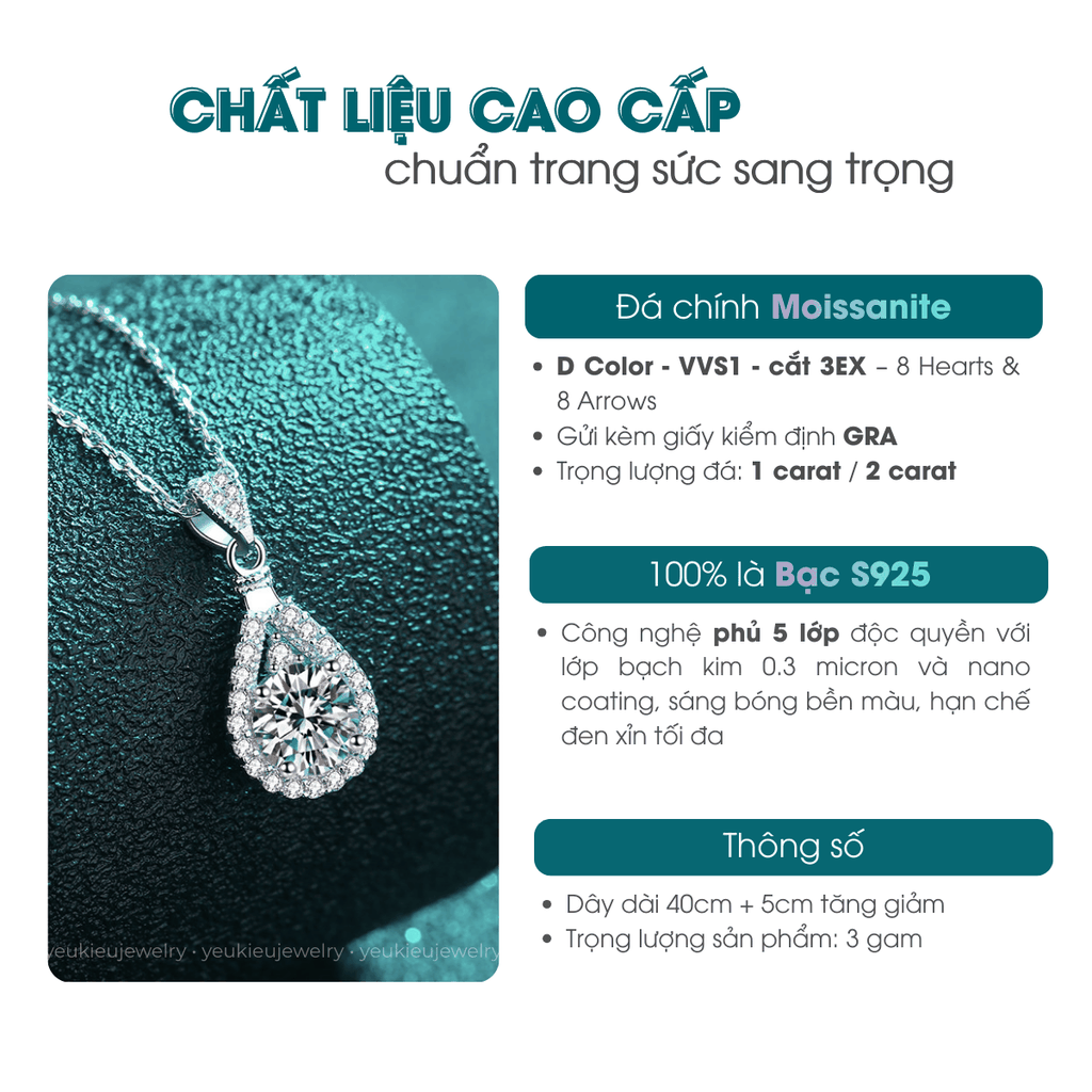 Teardrop Necklace | Dây Chuyền Moissanite 2 Carat Round Cut | Sterling Silver 925 | Kèm Giấy Kiểm Định GRA
