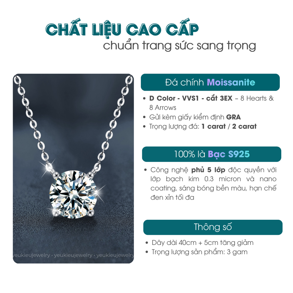 Minimal Solitaire Necklace | Dây Chuyền Moissanite 2 Carat Round Cut | Sterling Silver 925 | Kèm Giấy Kiểm Định GRA