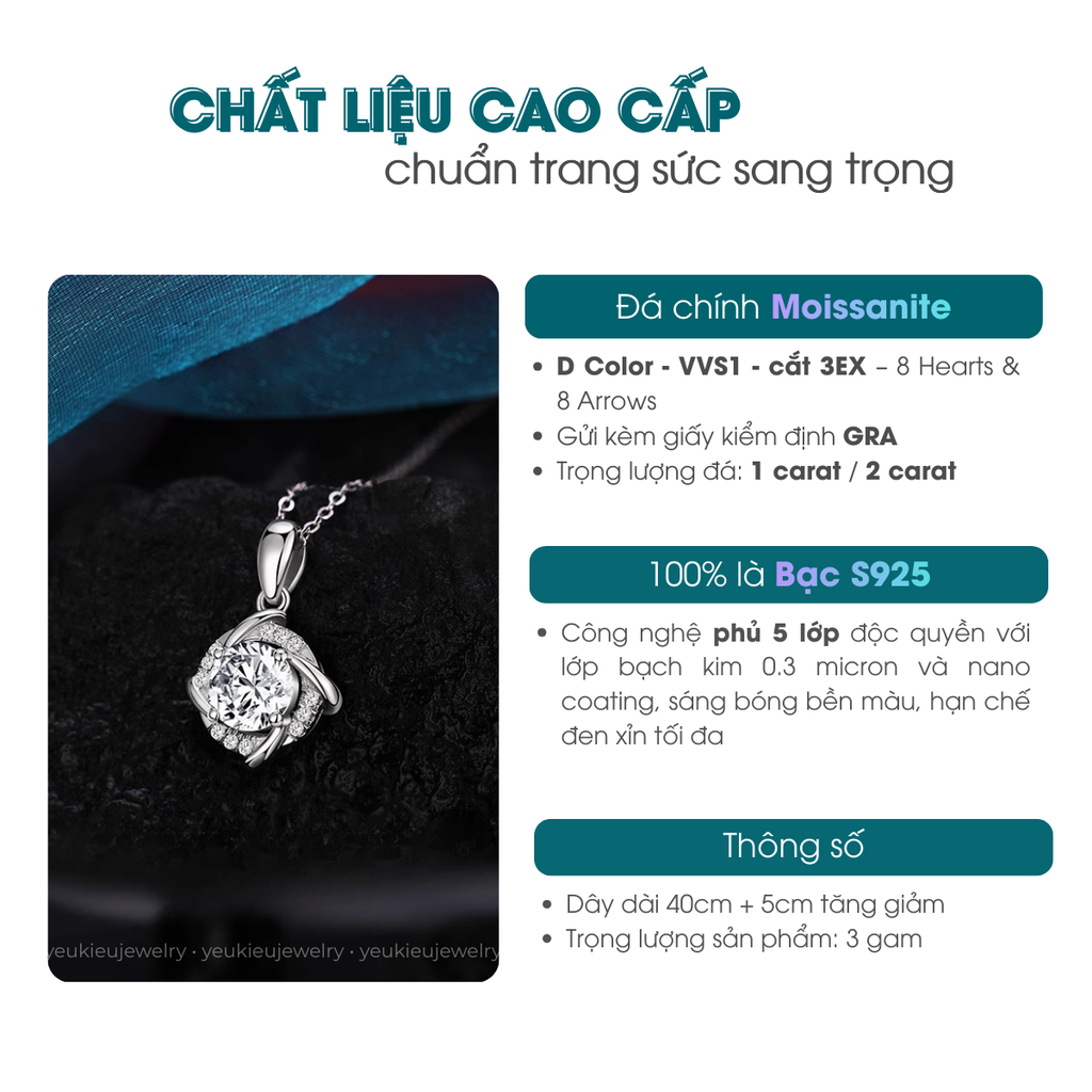 Storm Necklace | Dây Chuyền Moissanite 2 Carat Round Cut | Sterling Silver 925 | Kèm Giấy Kiểm Định GRA