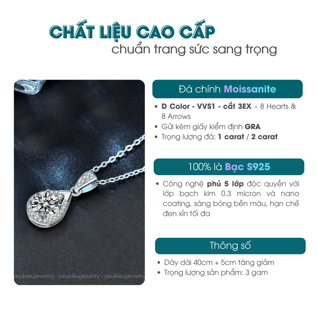 Crystal Necklace | Dây Chuyền Moissanite 2 Carat Round Cut | Sterling Silver 925 | Kèm Giấy Kiểm Định GRA