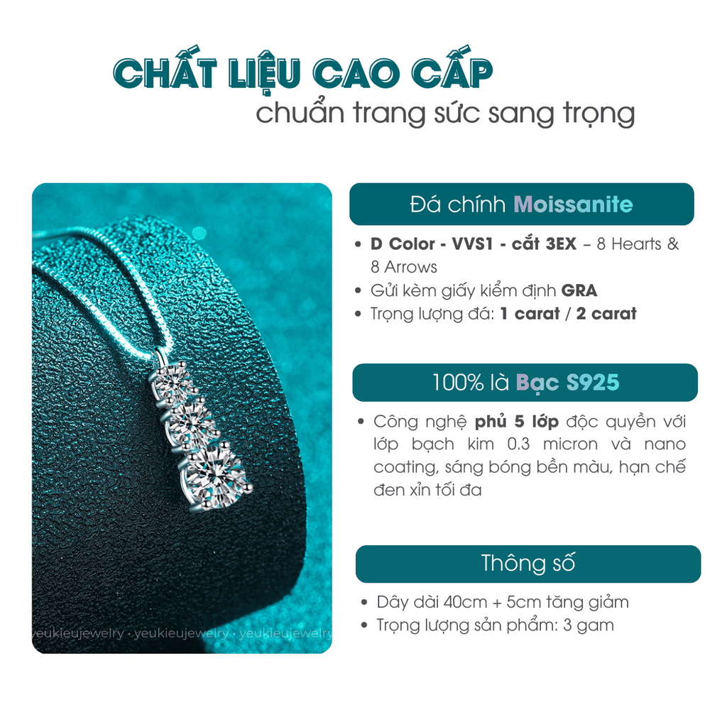 Trilogy Vertical Necklace | Dây Chuyền Moissanite 2 Carat Round Cut | Sterling Silver 925 | Kèm Giấy Kiểm Định GRA