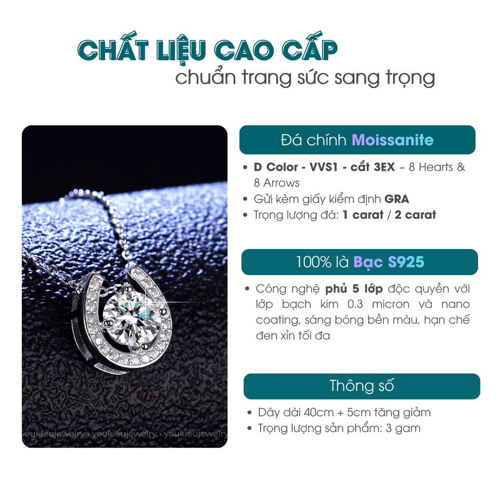 Moon Crescent Necklace | Dây Chuyền Moissanite 2 Carat Round Cut | Sterling Silver 925 | Kèm Giấy Kiểm Định GRA