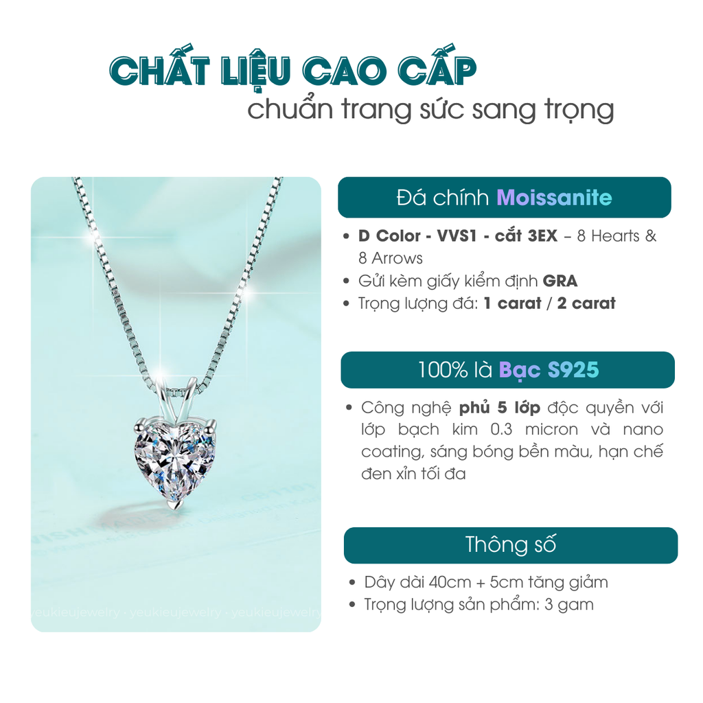 Pure Heart Solitaire Necklace | Dây Chuyền Moissanite 2 Carat Heart Cut | Sterling Silver 925 | Kèm Giấy Kiểm Định GRA