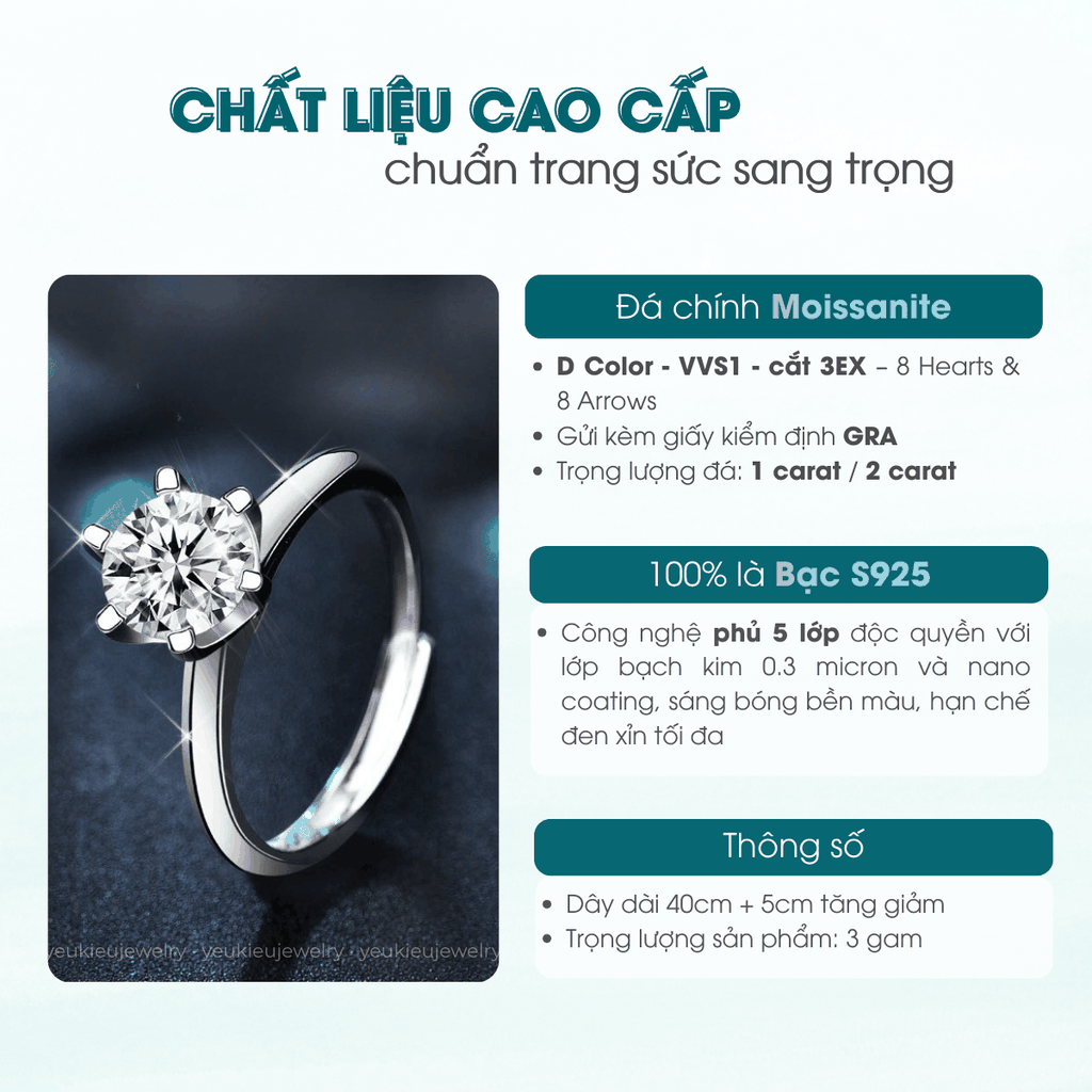 Classic Solitaire Ring | Nhẫn Moissanite 2 Carat Round Cut | Sterling Silver 925 | Kèm Giấy Kiểm Định GRA