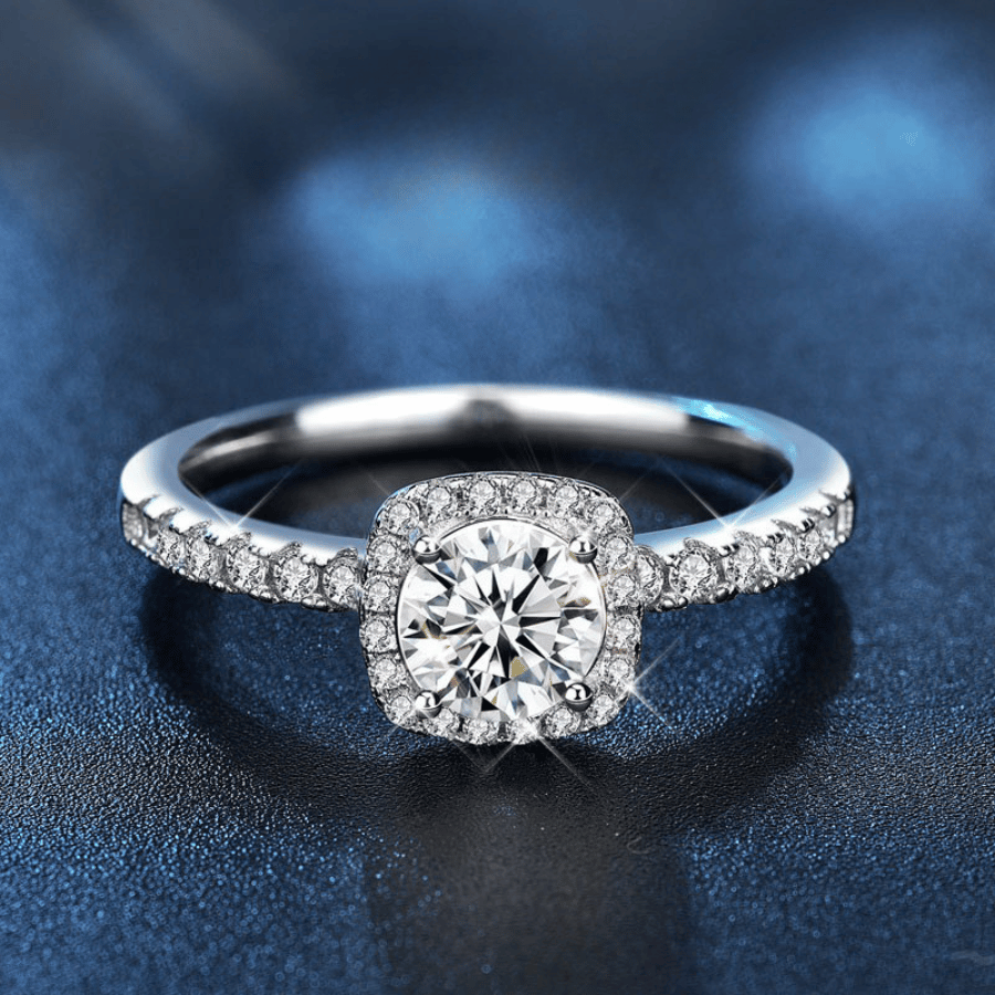 Square Halo Ring | Nhẫn Moissanite 2 Carat Round Cut | Sterling Silver 925 | Kèm Giấy Kiểm Định GRA